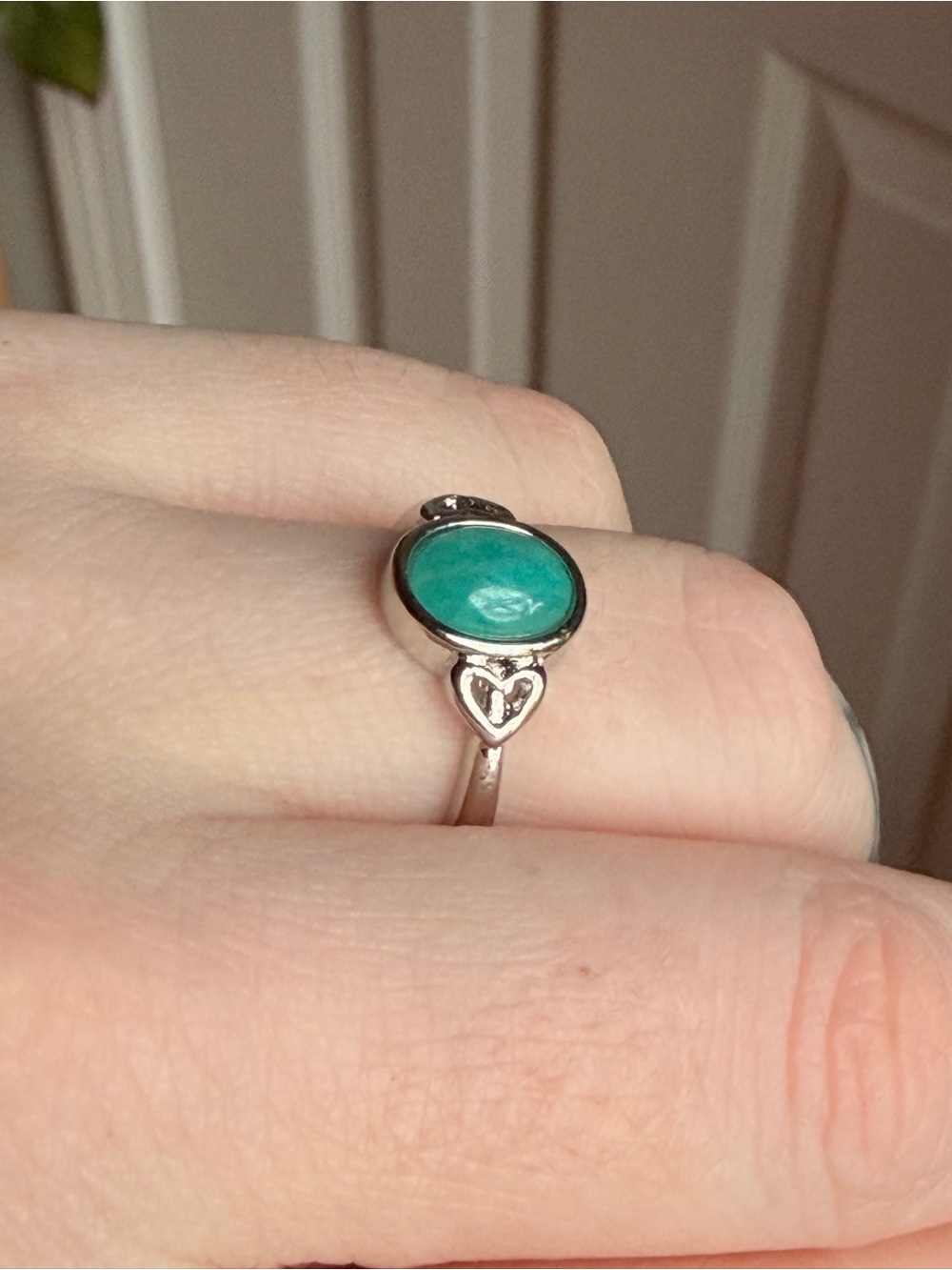 Amazonite Plated Silver Ring with Heart Details adjustable size